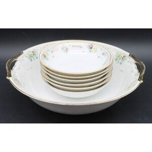 Antique Hand Painted Nippon Floral Gold Set Large Serving Bowl & 6 Dessert Bowls